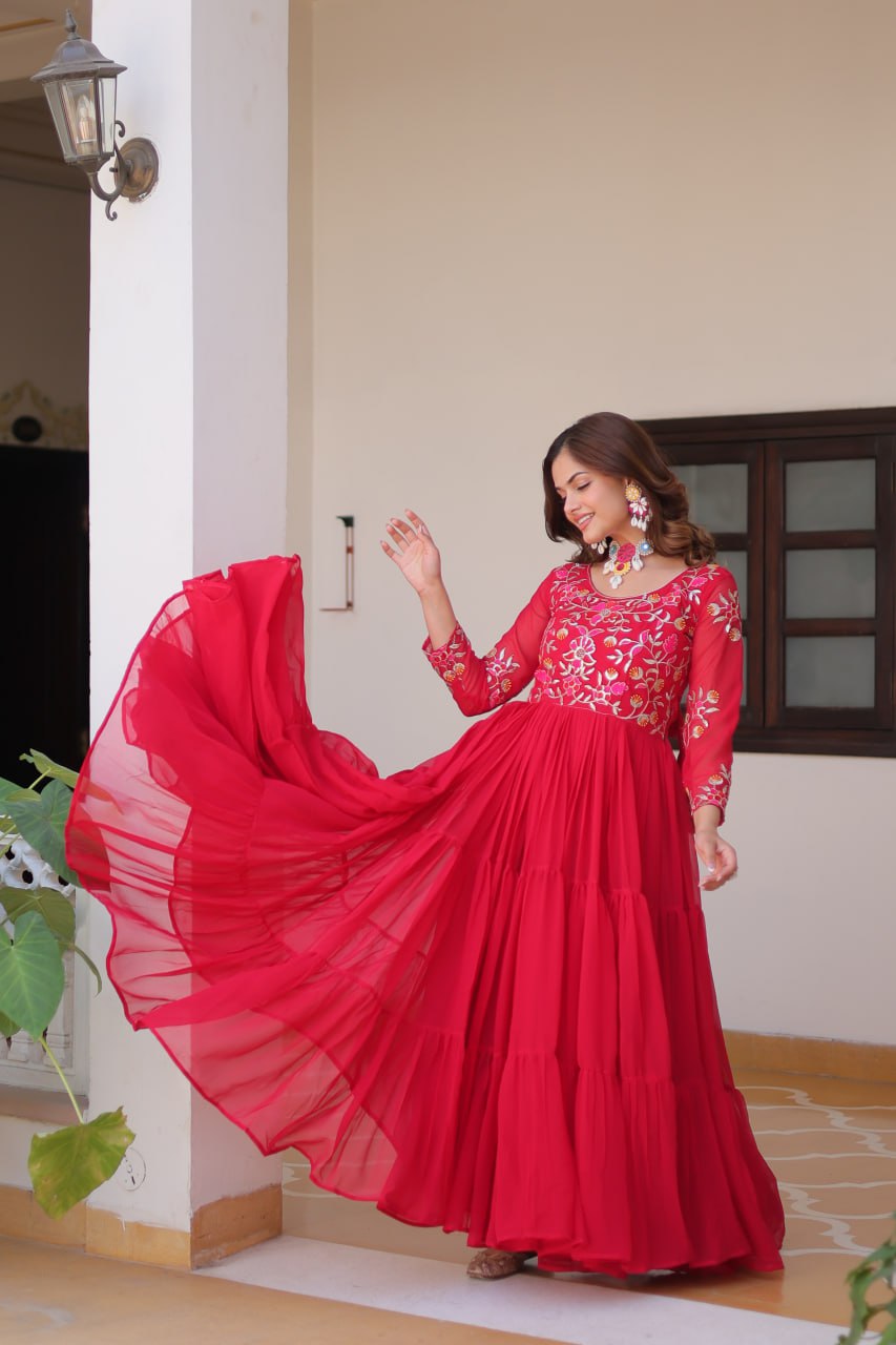 Fashionable Red Color Faux Georgette With Sequence Thread Work Gown