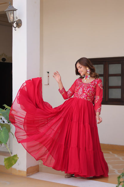 Fashionable Red Color Faux Georgette With Sequence Thread Work Gown