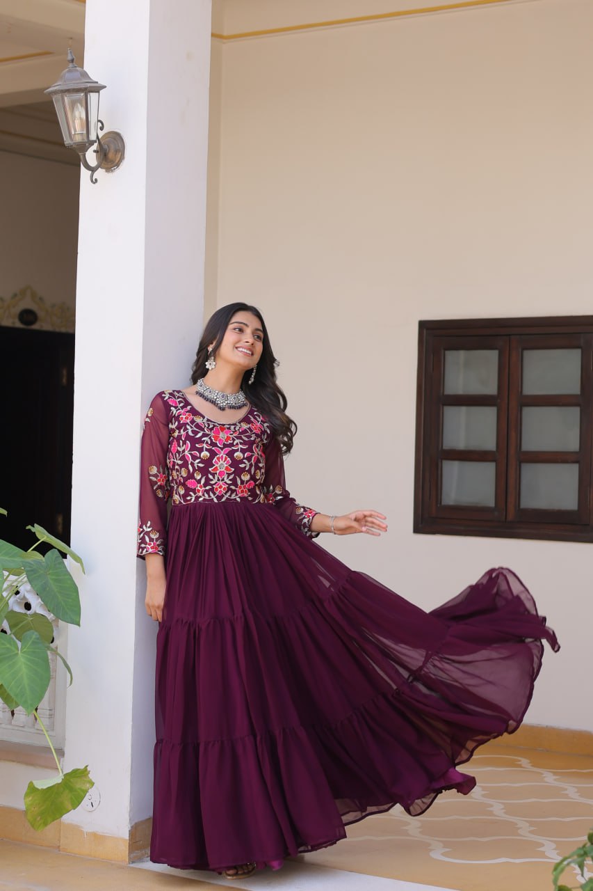 Fashionable Wine Color Faux Georgette With Sequence Thread Work Gown