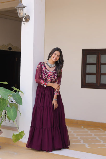 Fashionable Wine Color Faux Georgette With Sequence Thread Work Gown