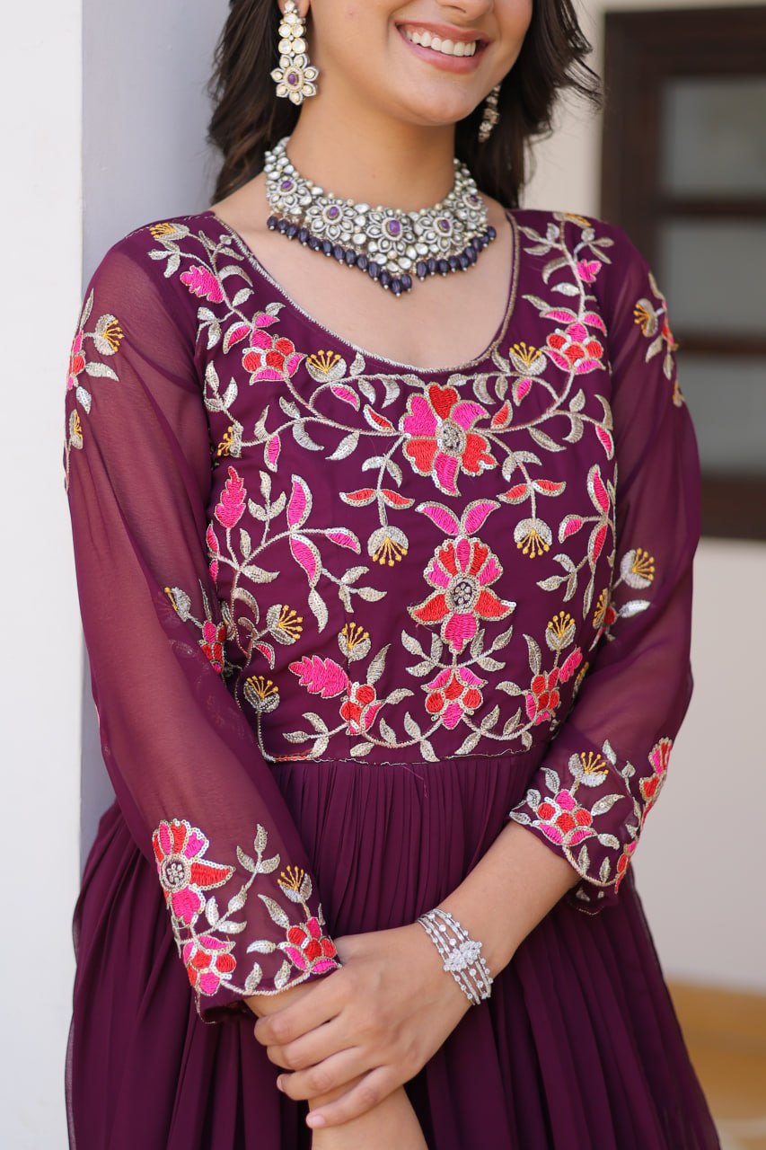 Fashionable Wine Color Faux Georgette With Sequence Thread Work Gown