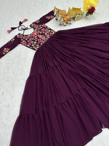 Fashionable Wine Color Faux Georgette With Sequence Thread Work Gown