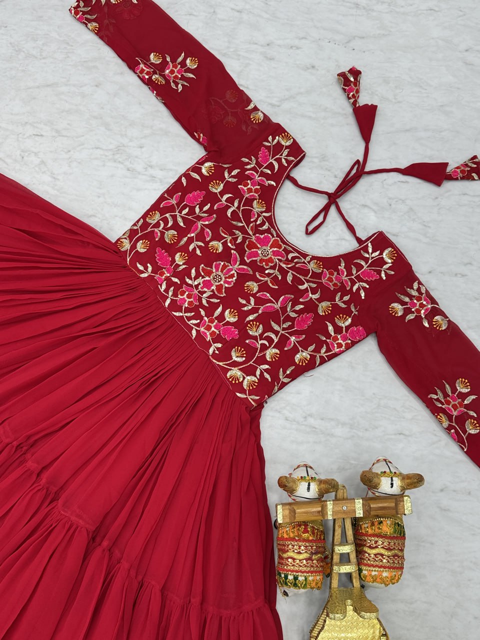 Fashionable Red Color Faux Georgette With Sequence Thread Work Gown
