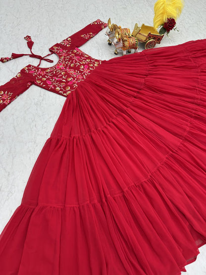 Fashionable Red Color Faux Georgette With Sequence Thread Work Gown