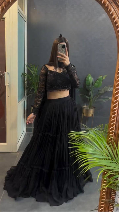 Wedding Wear Black Color Faux Georgette Ruffle Lehenga Set