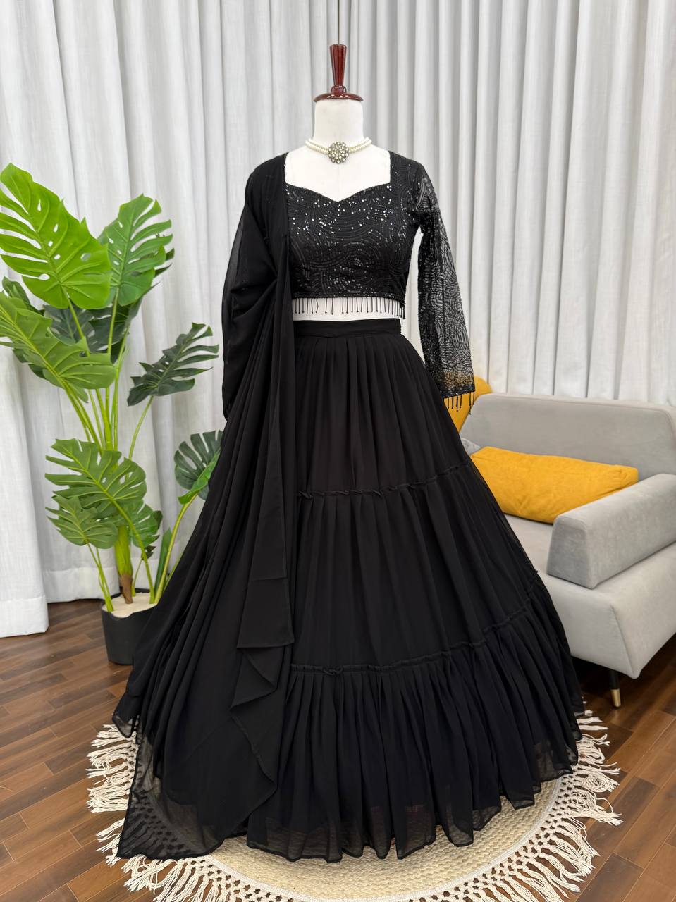 Wedding Wear Black Color Faux Georgette Ruffle Lehenga Set