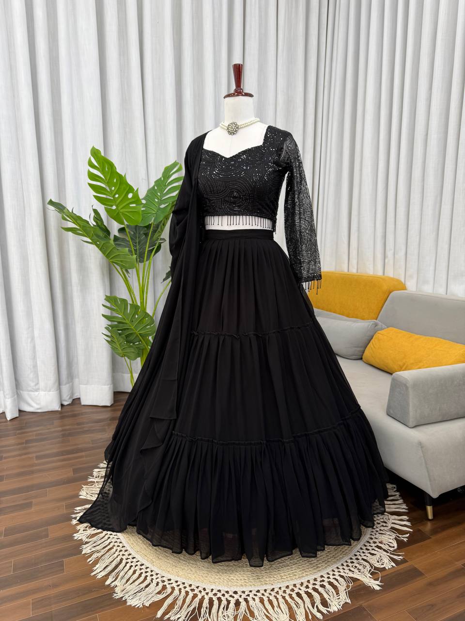 Wedding Wear Black Color Faux Georgette Ruffle Lehenga Set