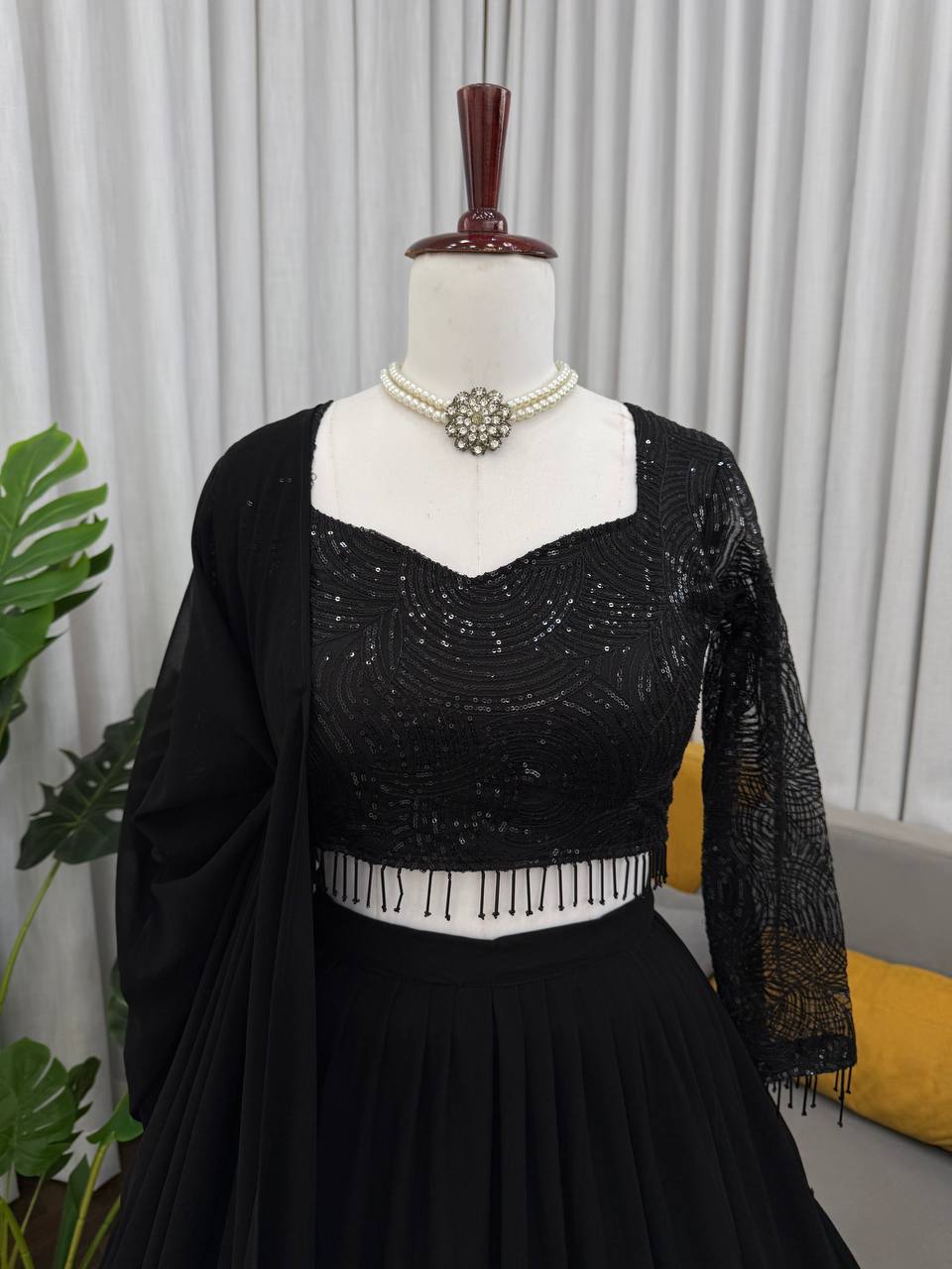 Wedding Wear Black Color Faux Georgette Ruffle Lehenga Set