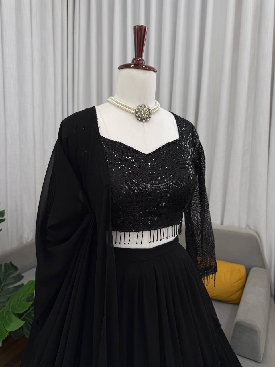 Wedding Wear Black Color Faux Georgette Ruffle Lehenga Set