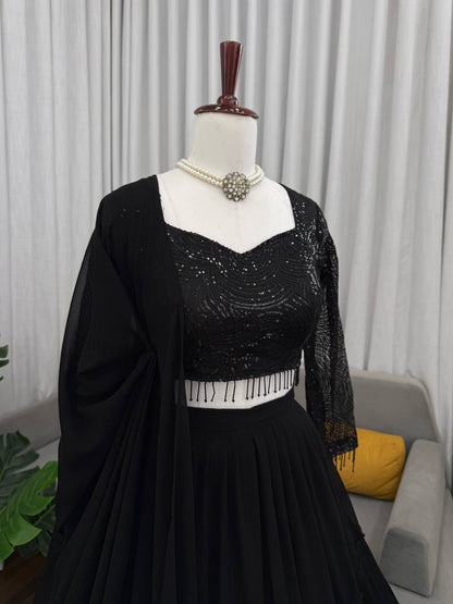 Wedding Wear Black Color Faux Georgette Ruffle Lehenga Set