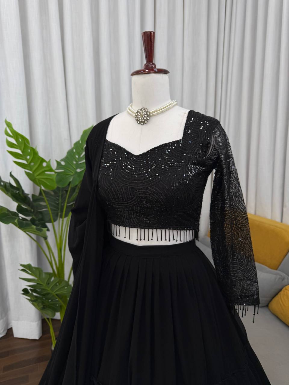 Wedding Wear Black Color Faux Georgette Ruffle Lehenga Set