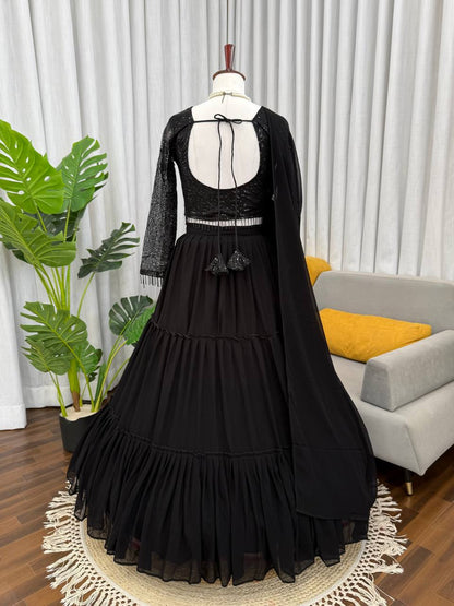 Wedding Wear Black Color Faux Georgette Ruffle Lehenga Set