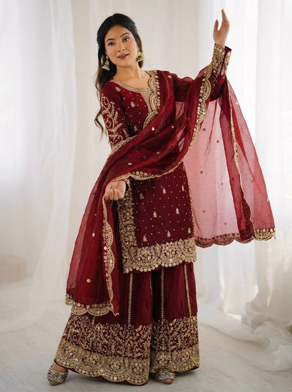 Arti Chauhan Wear Fendy Silk Maroon Color Palazzo Suit Set