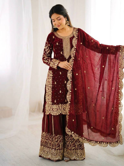 Arti Chauhan Wear Fendy Silk Maroon Color Palazzo Suit Set