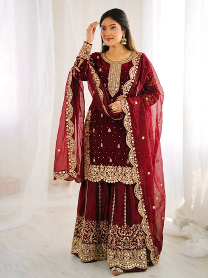 Arti Chauhan Wear Fendy Silk Maroon Color Palazzo Suit Set