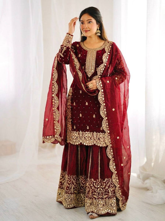 Arti Chauhan Wear Fendy Silk Maroon Color Palazzo Suit Set