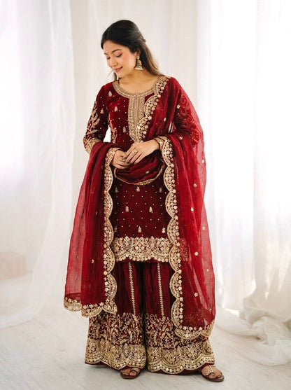 Arti Chauhan Wear Fendy Silk Maroon Color Palazzo Suit Set
