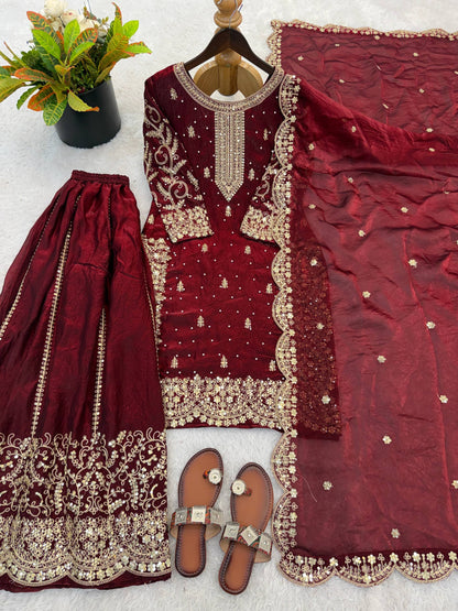 Arti Chauhan Wear Fendy Silk Maroon Color Palazzo Suit Set