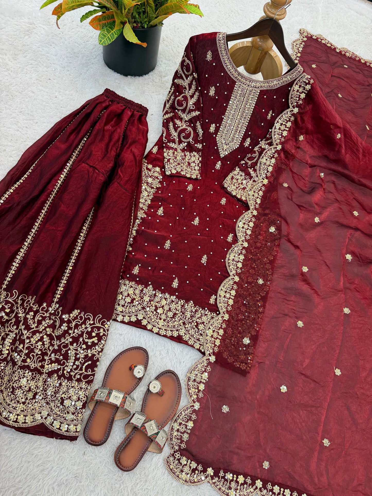 Arti Chauhan Wear Fendy Silk Maroon Color Palazzo Suit Set