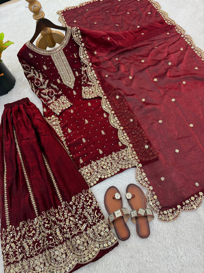 Arti Chauhan Wear Fendy Silk Maroon Color Palazzo Suit Set
