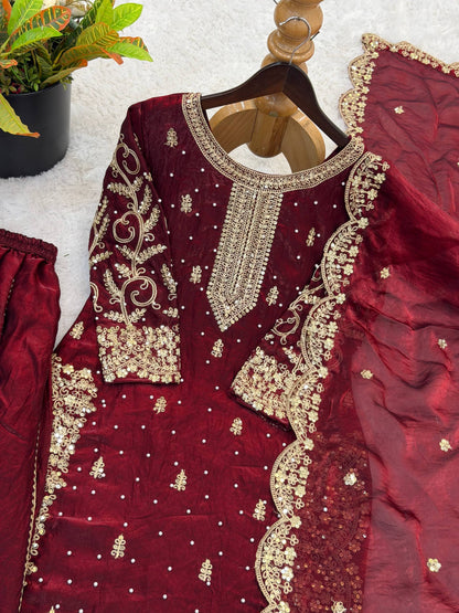 Arti Chauhan Wear Fendy Silk Maroon Color Palazzo Suit Set