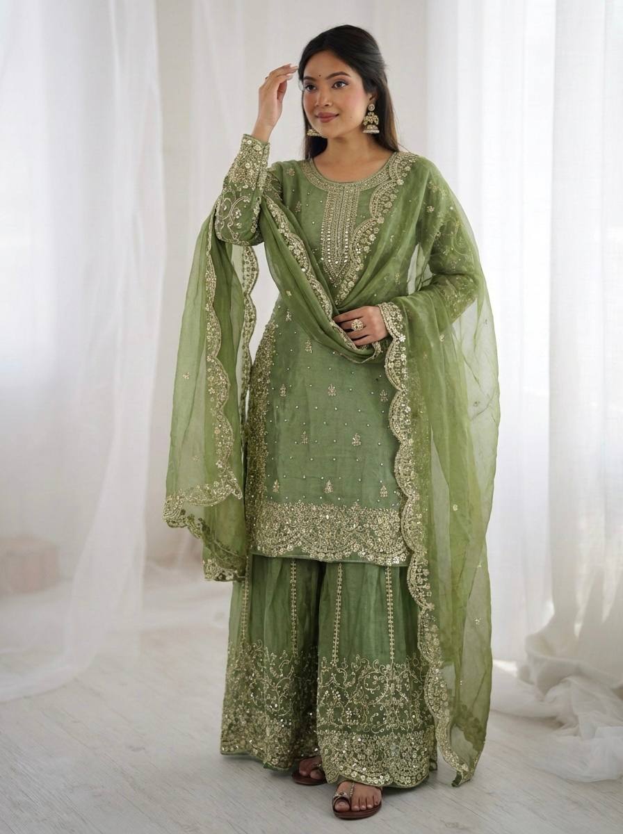 Arti Chauhan Wear Fendy Silk Light Green Color Palazzo Suit Set