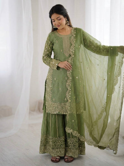 Arti Chauhan Wear Fendy Silk Light Green Color Palazzo Suit Set