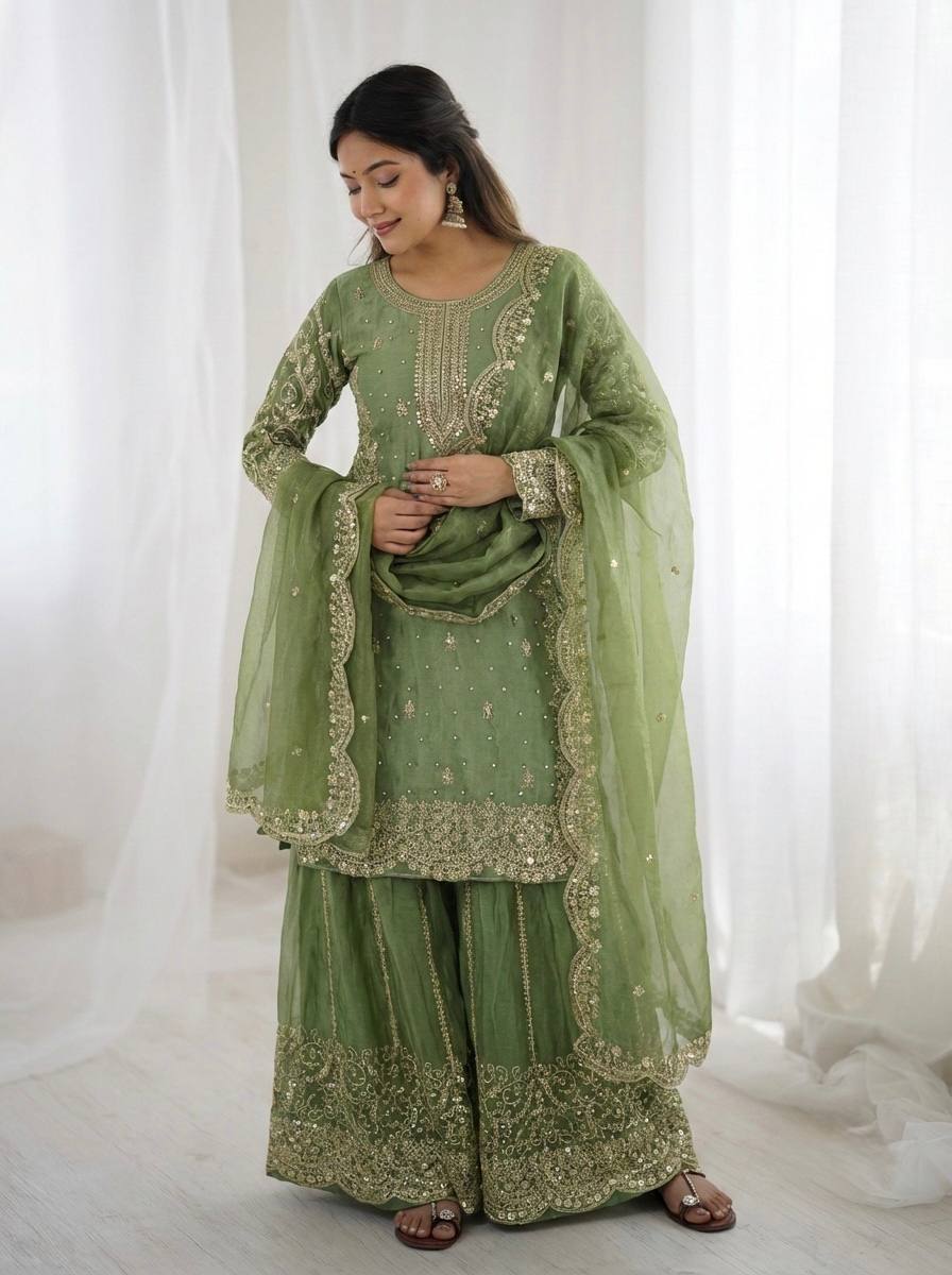 Arti Chauhan Wear Fendy Silk Light Green Color Palazzo Suit Set