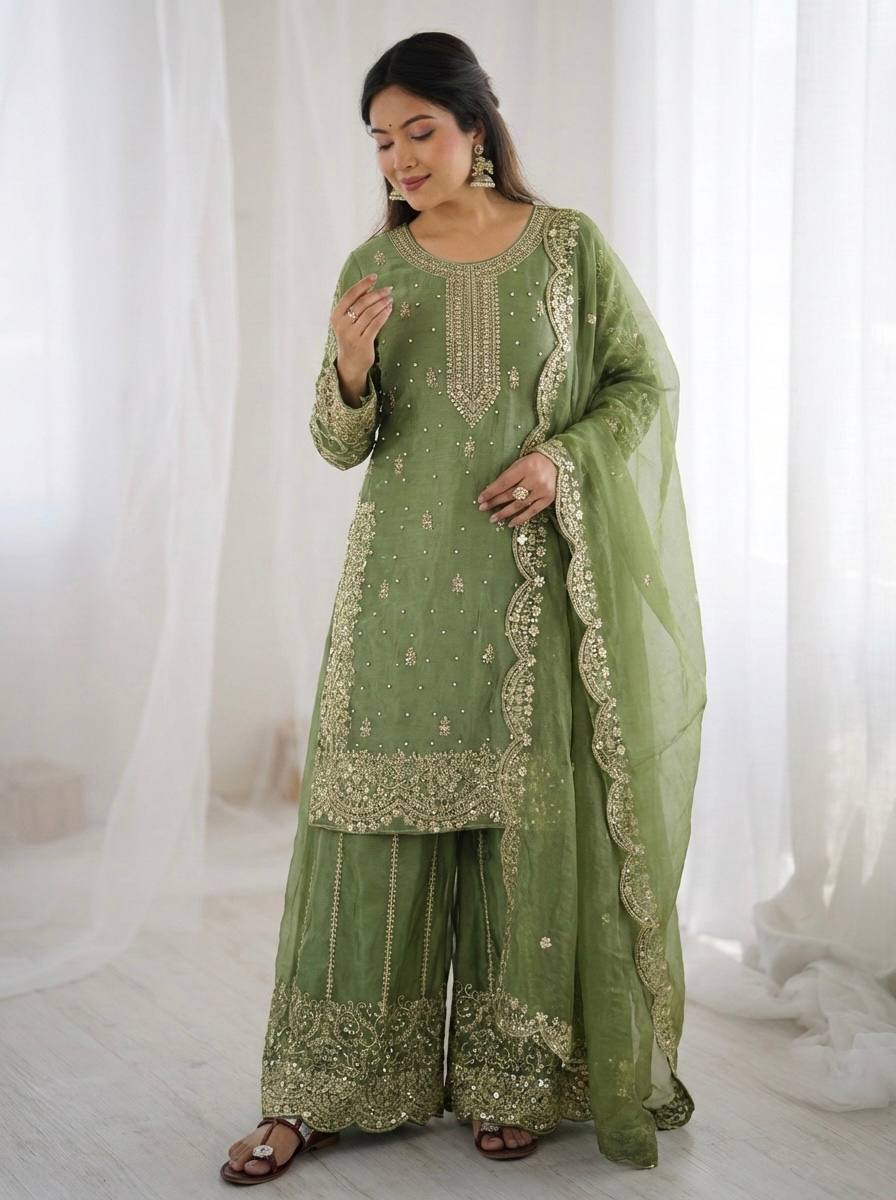 Arti Chauhan Wear Fendy Silk Light Green Color Palazzo Suit Set
