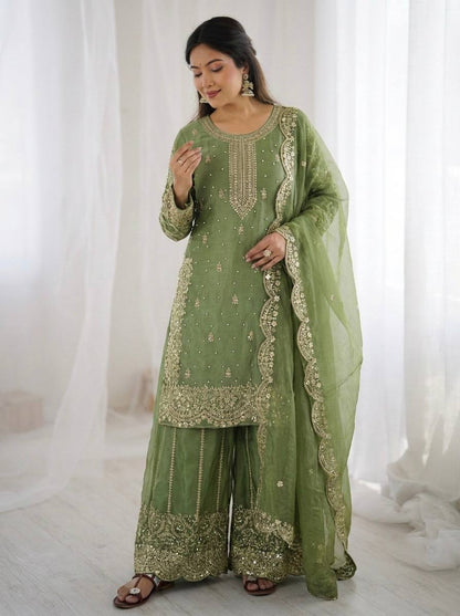 Arti Chauhan Wear Fendy Silk Light Green Color Palazzo Suit Set