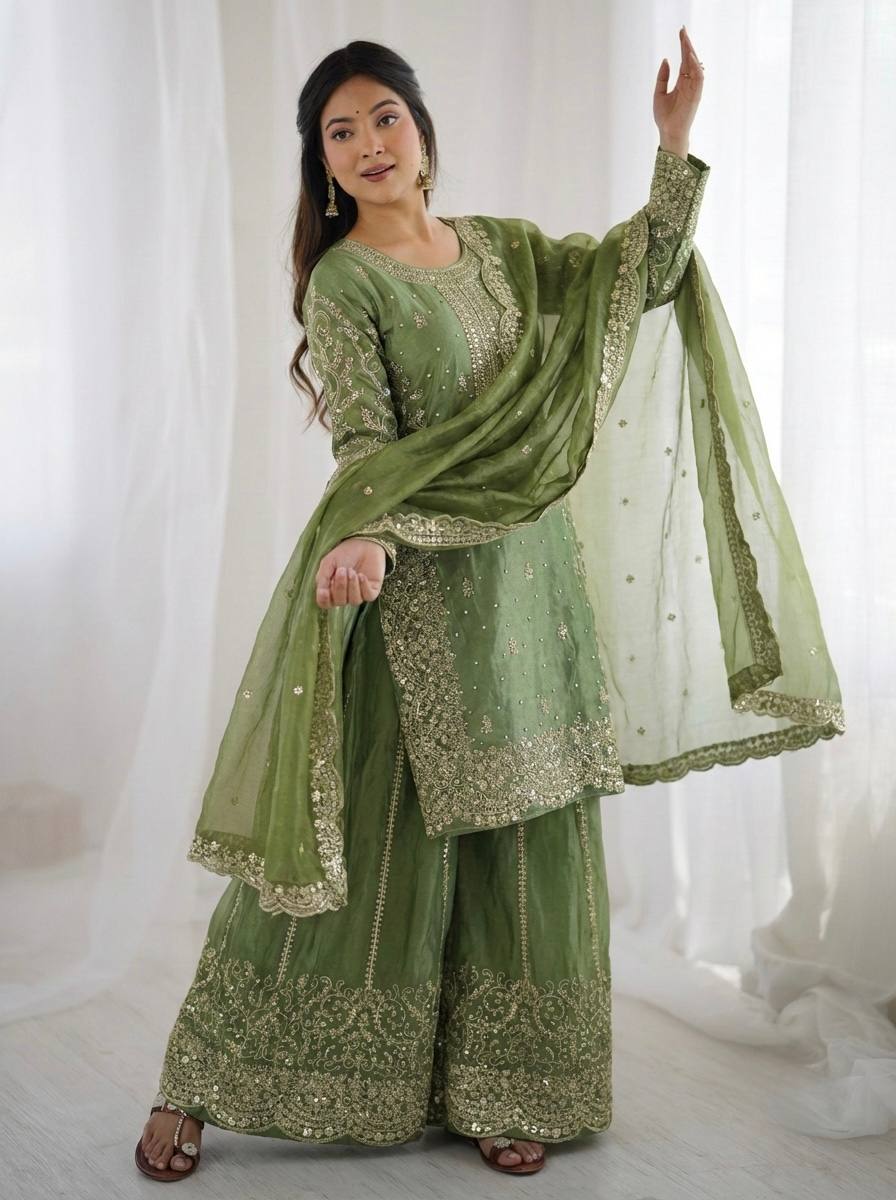 Arti Chauhan Wear Fendy Silk Light Green Color Palazzo Suit Set