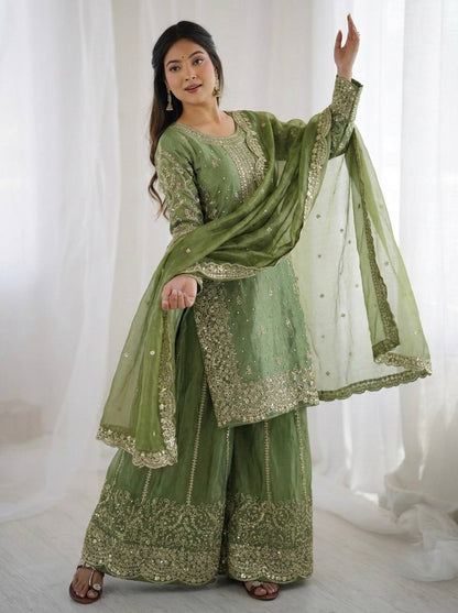 Arti Chauhan Wear Fendy Silk Light Green Color Palazzo Suit Set