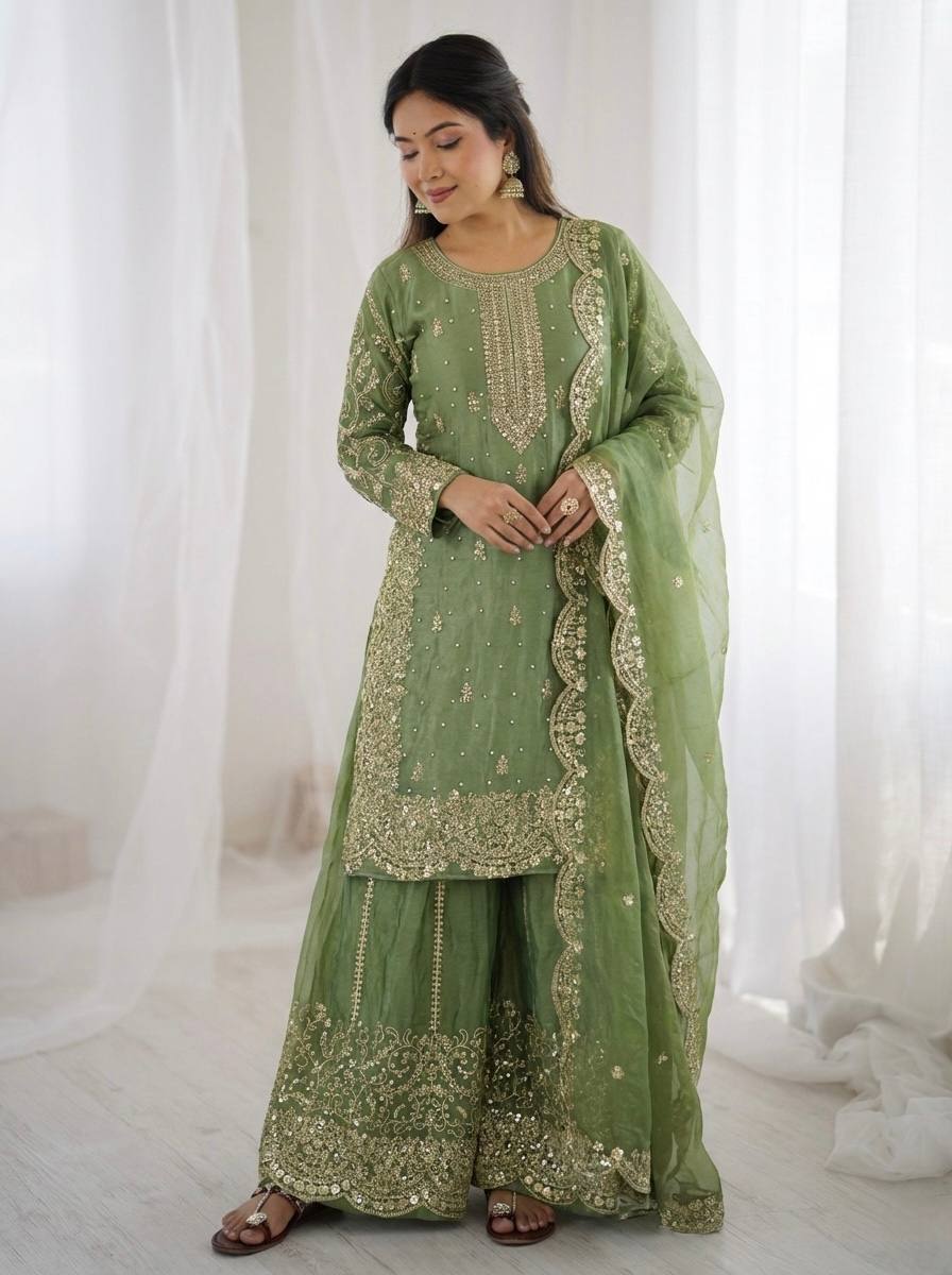 Arti Chauhan Wear Fendy Silk Light Green Color Palazzo Suit Set