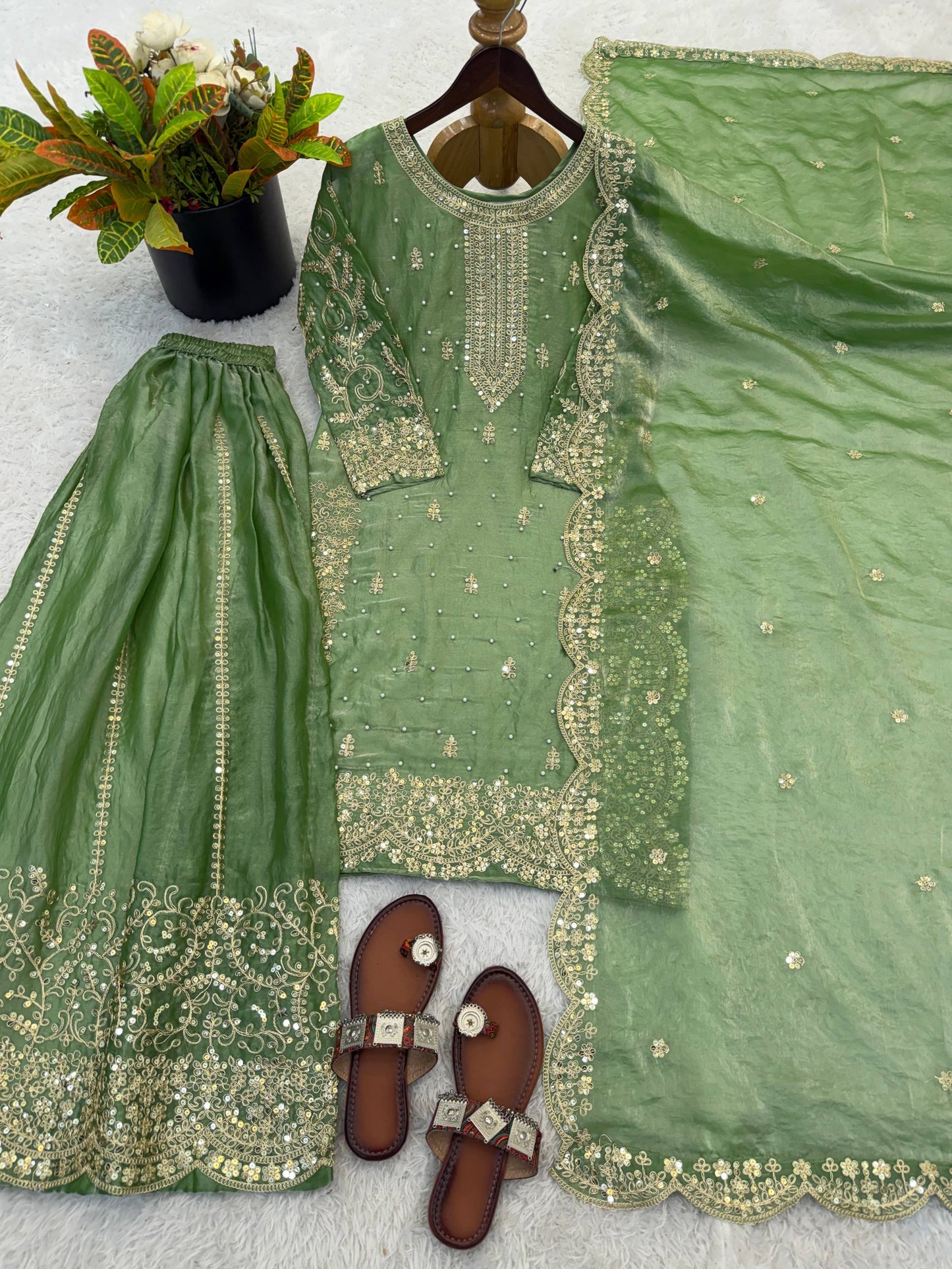 Arti Chauhan Wear Fendy Silk Light Green Color Palazzo Suit Set