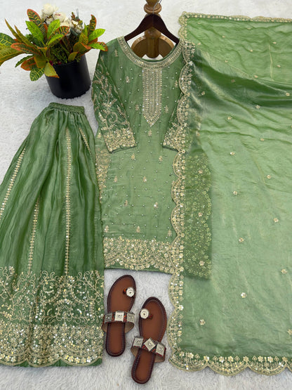 Arti Chauhan Wear Fendy Silk Light Green Color Palazzo Suit Set