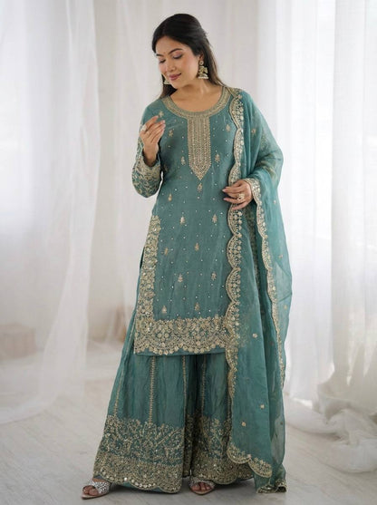 Arti Chauhan Wear Fendy Silk Aqua Blue Color Palazzo Suit Set