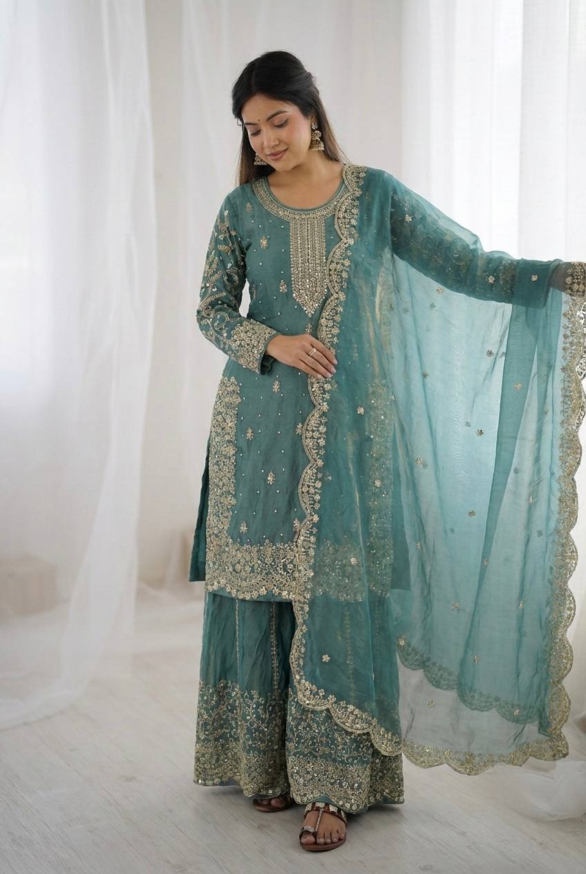 Arti Chauhan Wear Fendy Silk Aqua Blue Color Palazzo Suit Set
