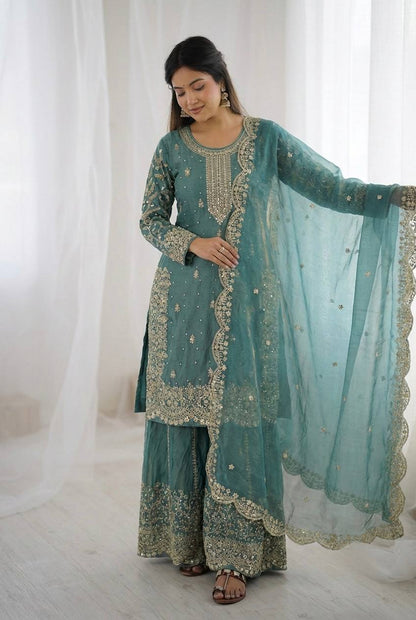 Arti Chauhan Wear Fendy Silk Aqua Blue Color Palazzo Suit Set