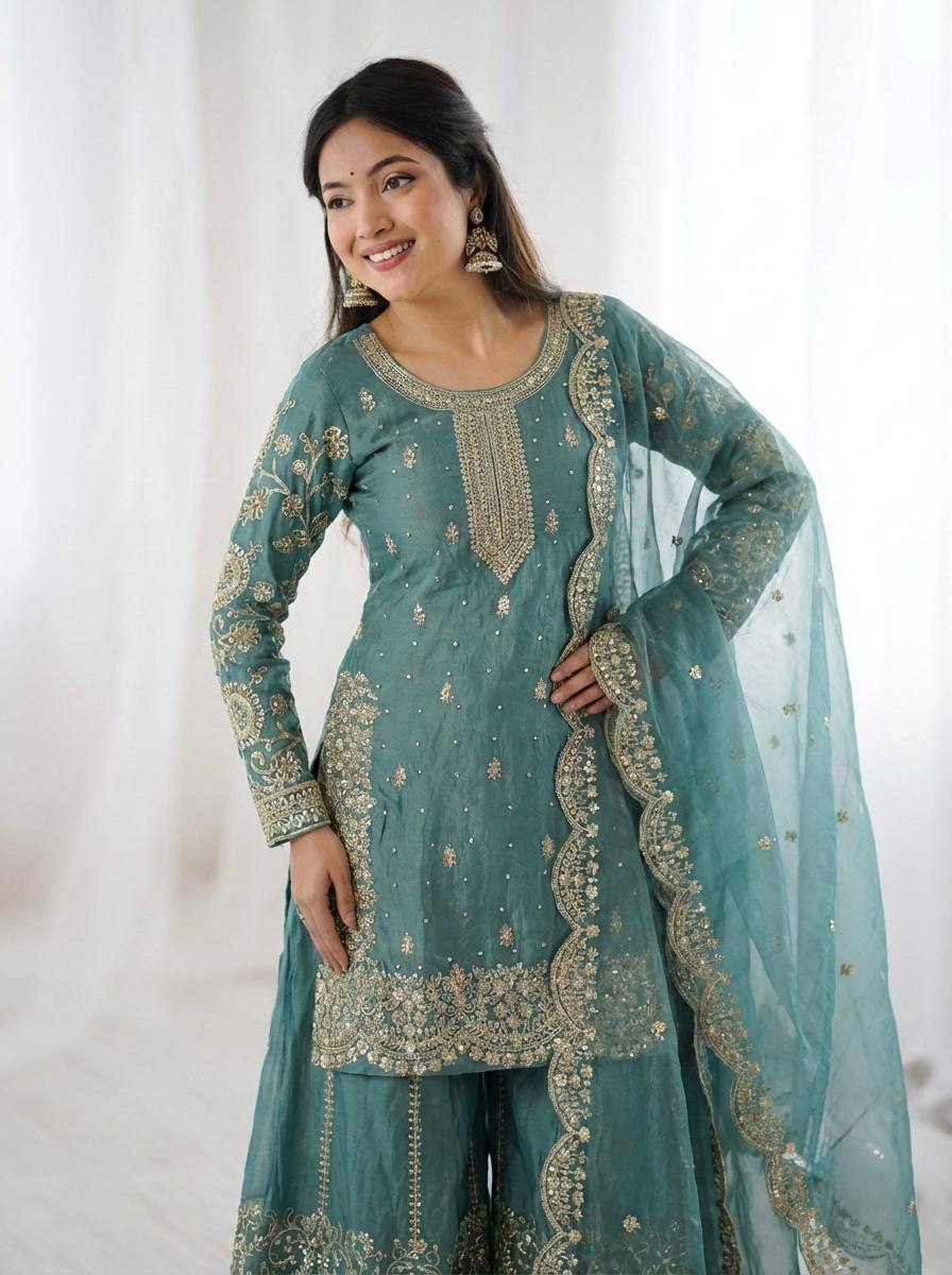 Arti Chauhan Wear Fendy Silk Aqua Blue Color Palazzo Suit Set