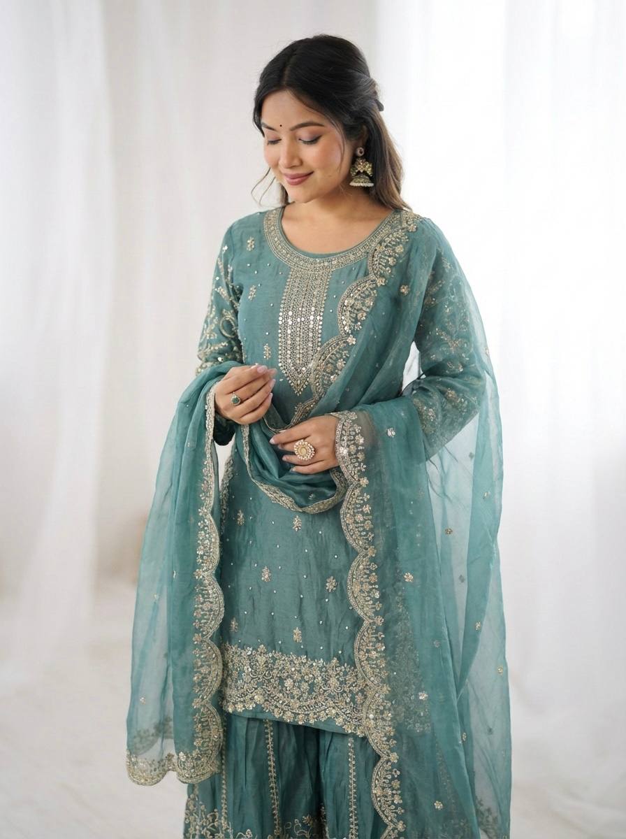 Arti Chauhan Wear Fendy Silk Aqua Blue Color Palazzo Suit Set