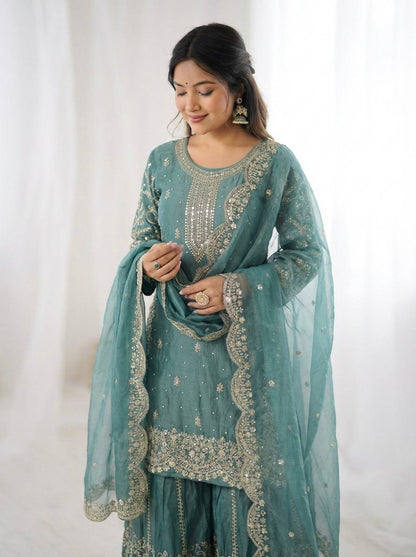 Arti Chauhan Wear Fendy Silk Aqua Blue Color Palazzo Suit Set