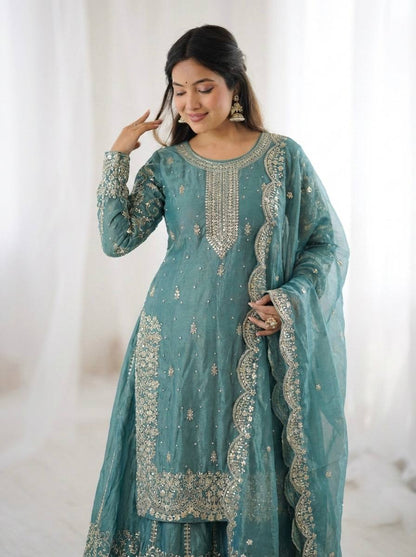 Arti Chauhan Wear Fendy Silk Aqua Blue Color Palazzo Suit Set
