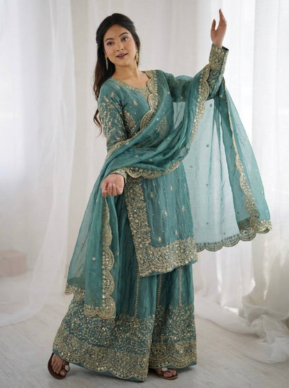 Arti Chauhan Wear Fendy Silk Aqua Blue Color Palazzo Suit Set