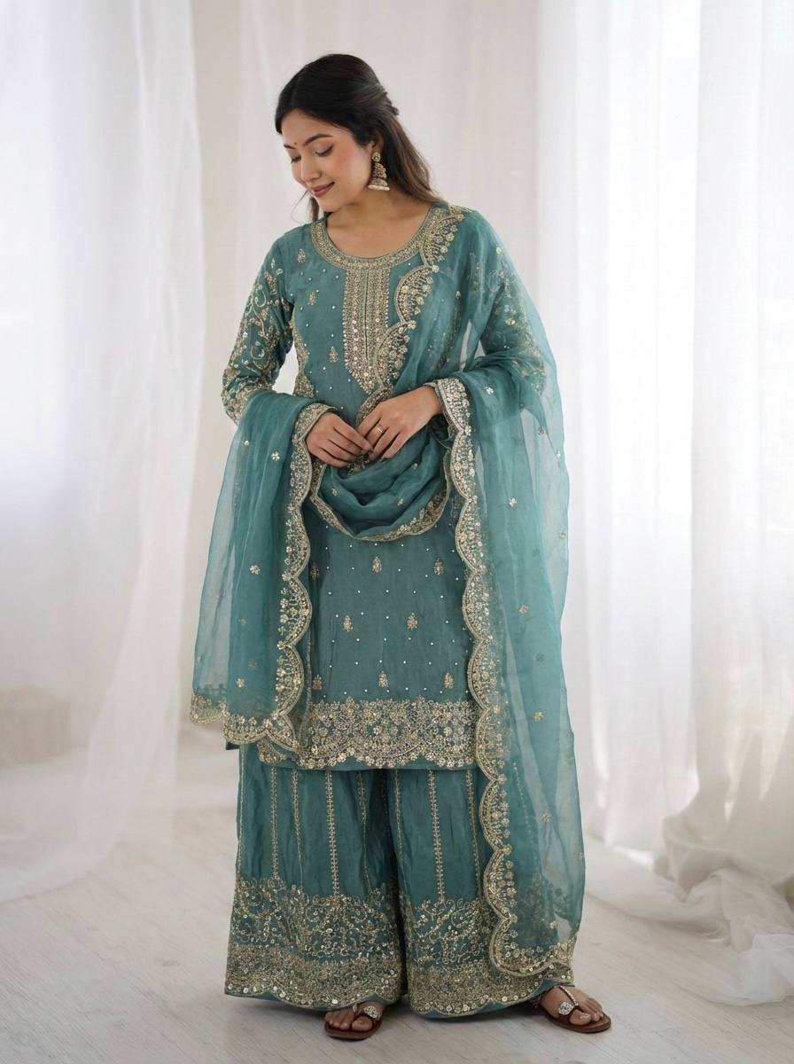 Arti Chauhan Wear Fendy Silk Aqua Blue Color Palazzo Suit Set