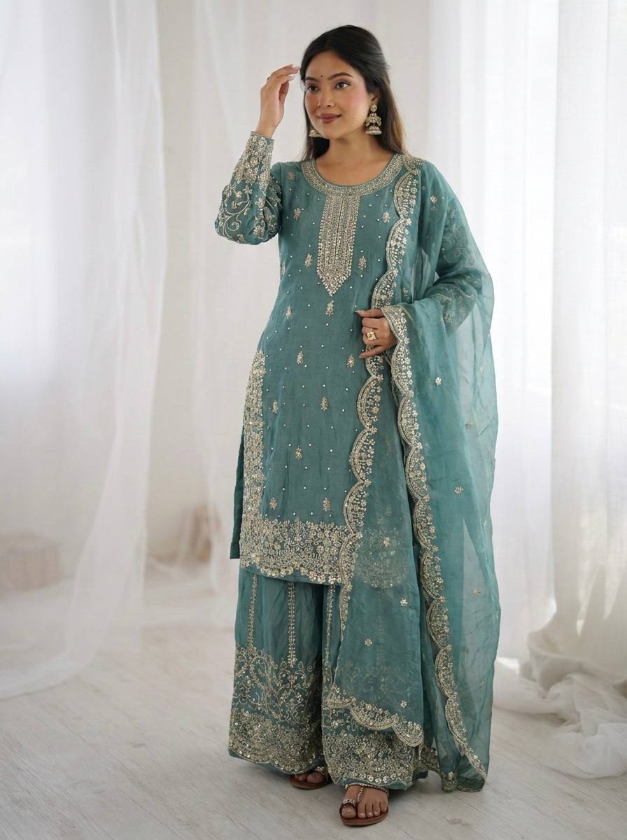 Arti Chauhan Wear Fendy Silk Aqua Blue Color Palazzo Suit Set