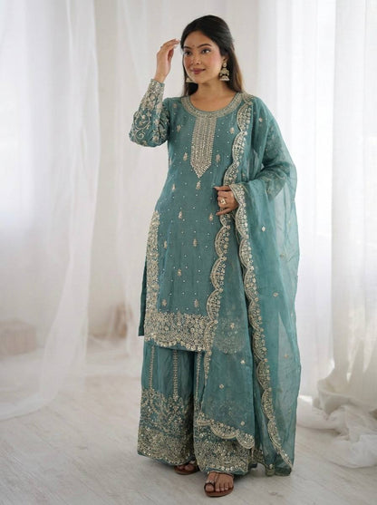 Arti Chauhan Wear Fendy Silk Aqua Blue Color Palazzo Suit Set