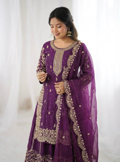 Arti Chauhan Wear Fendy Silk Purple Color Palazzo Suit Set
