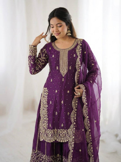 Arti Chauhan Wear Fendy Silk Purple Color Palazzo Suit Set