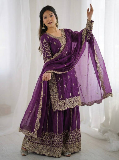 Arti Chauhan Wear Fendy Silk Purple Color Palazzo Suit Set