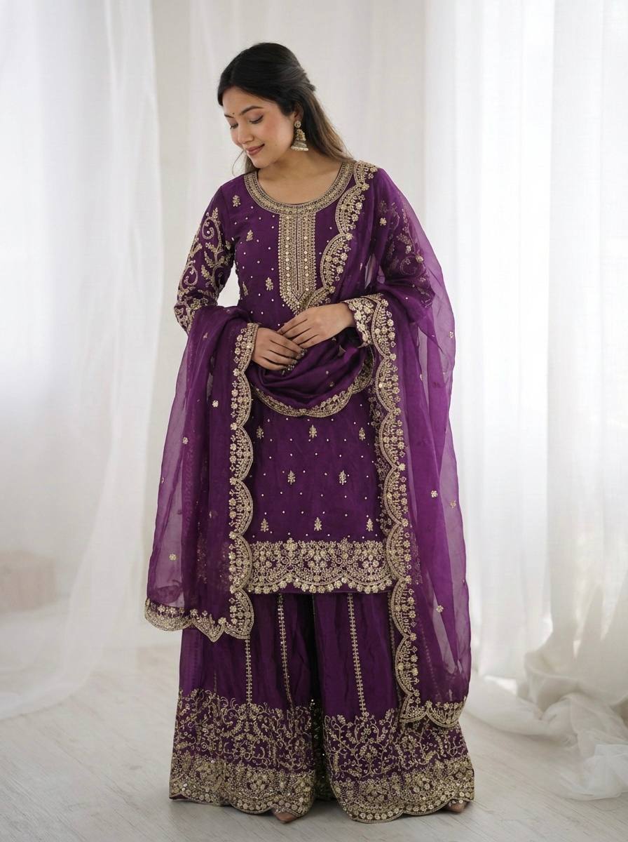 Arti Chauhan Wear Fendy Silk Purple Color Palazzo Suit Set